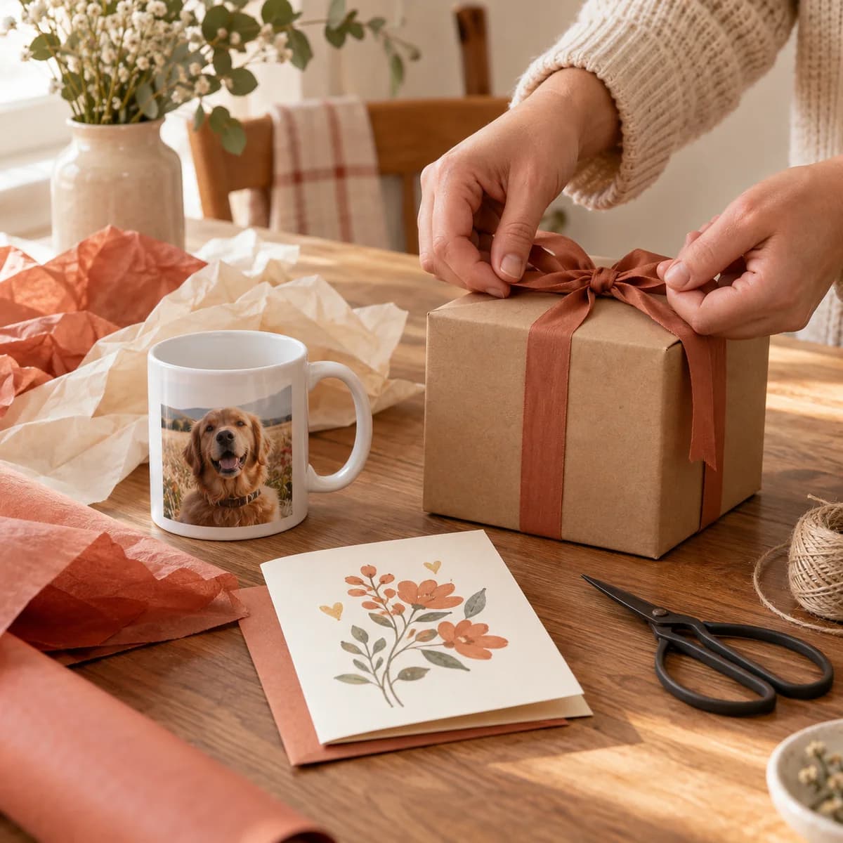 A gift box being tied with a ribbon next to a printed mug and card