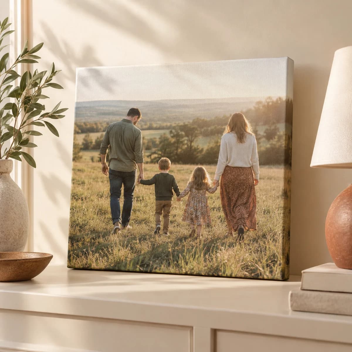 Canvas print of a family photo hanging on a wall