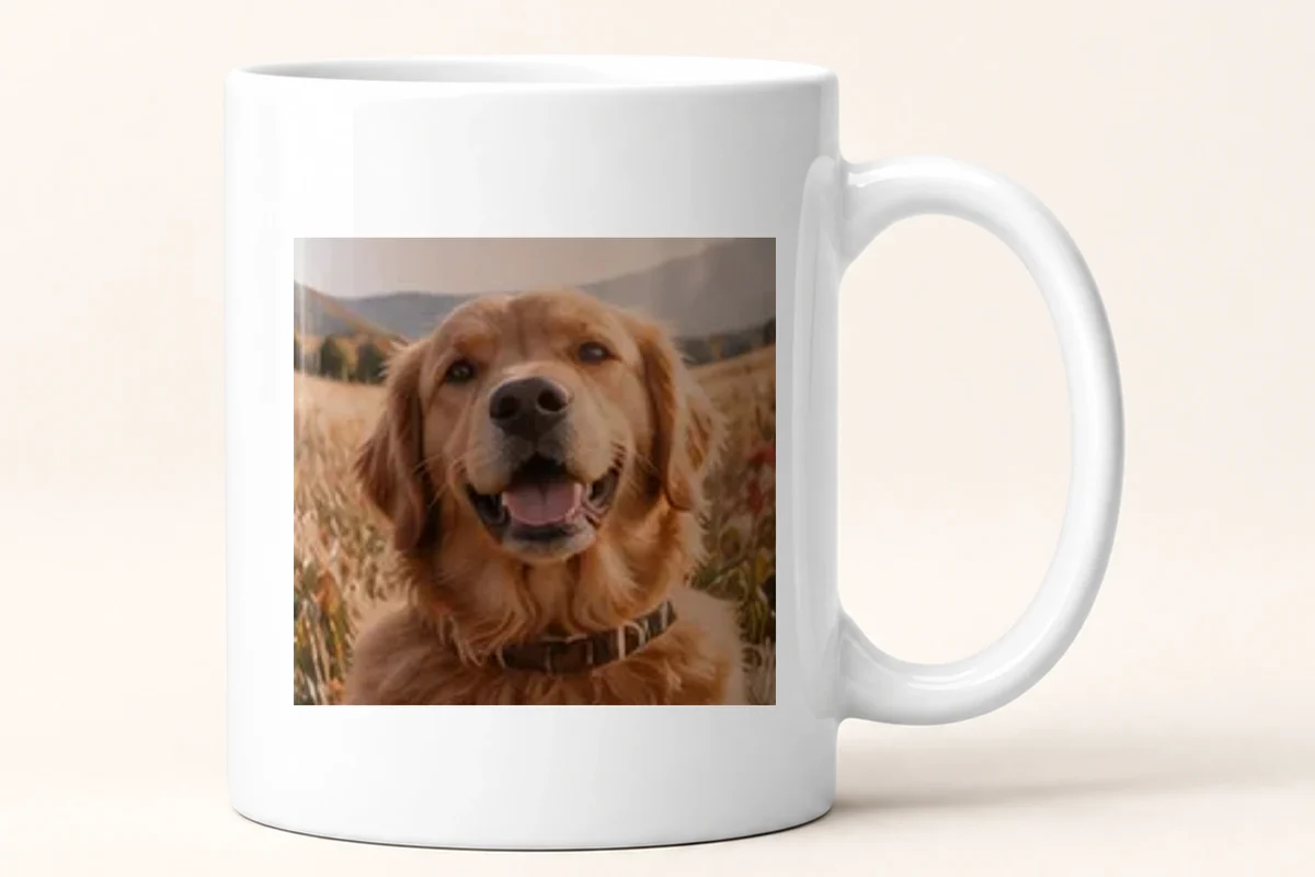 A golden retriever photo previewed on a white mug