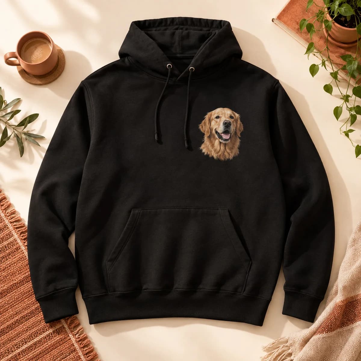 Black hoodie with a printed pet portrait